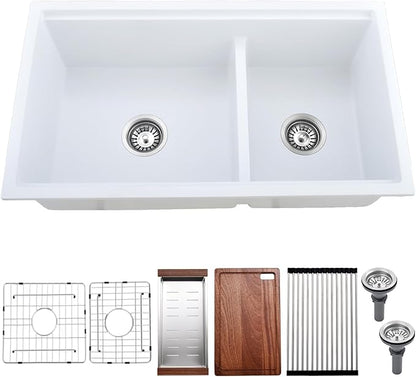33x19 White Double Bowl Kitchen Sink Undermount - 33 Inch White Undermount Granite Kitchen Sink, Double Bowl Granite Sink Workstation with Accessories