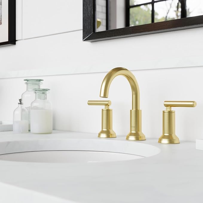 Pfister Capistrano Brushed Gold Bathroom Sink Faucet 8 in Widespread 3 Hole 2 Handle NSF Certified Push & Seal Drain TiteSeal Mounting Technology Vanity Faucet LF049CSOBG