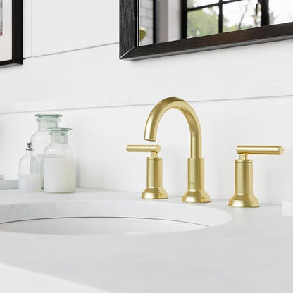 Pfister Capistrano Brushed Gold Bathroom Sink Faucet 8 in Widespread 3 Hole 2 Handle NSF Certified Push & Seal Drain TiteSeal Mounting Technology Vanity Faucet LF049CSOBG