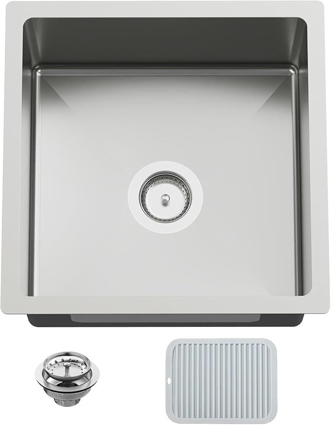 18x18 In Undermount Kitchen And Bar Sink- Stainless Steel Single Bowl Kitchen Sink Modern Drop In Bar Sink With Silicon Mat,Drain Strainer Set Compatibility With Various Kitchen & Bar Style