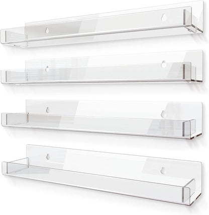 4 Pack 15 Inch Clear Acrylic Shelves, Clear Kids Floating Bookshelf for Kids Room, Modern Nail Polish Rack Sunglasses Essential Oil Picture Ledge Display Toy Storage Wall Shelf