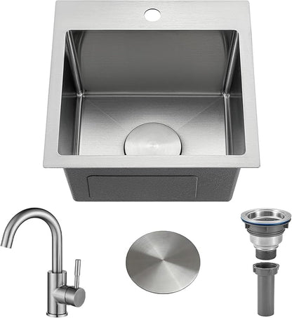 Bar Sink 15 Inch Drop in Bar Sinks Modern Stainless Steel Small Kitchen Sinks Single Bowl RV Sink with Faucet Combo