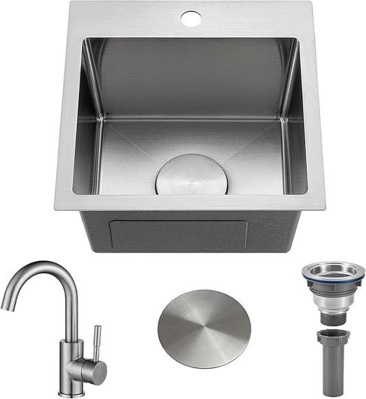 Bar Sink 15 Inch Drop in Bar Sinks Modern Stainless Steel Small Kitchen Sinks Single Bowl RV Sink with Faucet Combo