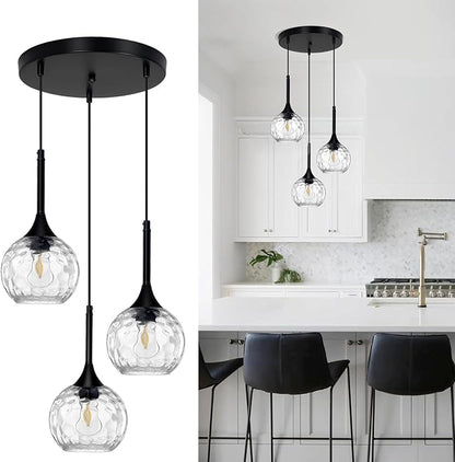 JHLBYL Glass Pendant Lights Kitchen Island: 5.91'' 3-Light Hammered Glass Pendant Light with Black Finish - Modern Minimalist Hanging Light Fixture for Kitchen Sink Dining Room - E26 Base