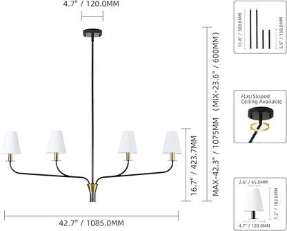Modern 42" Linear Chandelier for Kitchen Island & Dining Room - 4-Light Black and Gold Finish with White Fabric Shades, Adjustable Hanging Pendant Light Fixture, E12