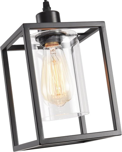 3 Pack Black Pendant Lights for Kitchen Island Industrial Lantern Pendant Light Fixtures with Clear Glass Shade, Farmhouse Adjustable Height Hanging Pendant Lighting for Dining Room