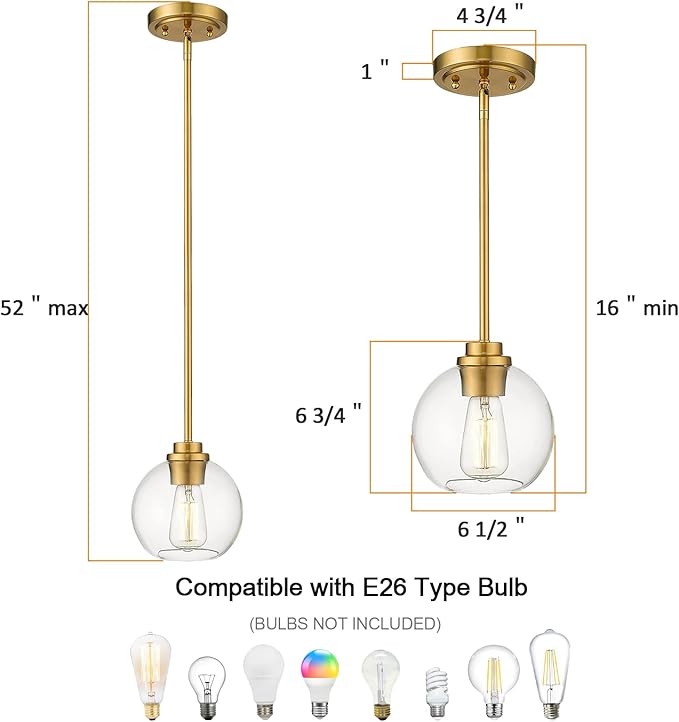 Gold Pendant Light, 7 Inch Clear Glass Farmhouse Hanging Fixture, Adjustable Height & Sloped Ceiling Compatible for Kitchen Island Dining Room Entryway Bedroom Hallway, 2 Pack