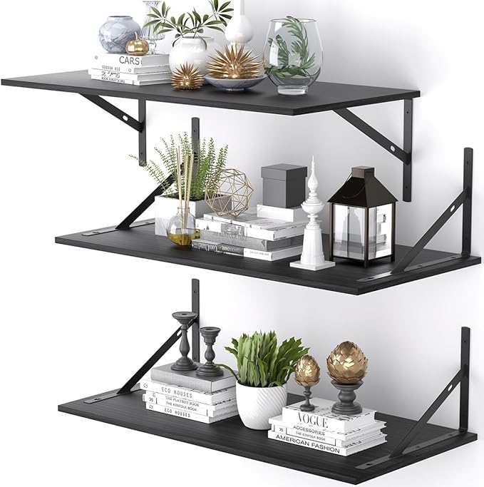 Deep Floating Shelves for Wall Set of 3, 24W x 12 Inch Deep Black Floating Shelves, Wide Floating Wall Mounted Shelves for Living Room, Kitchen, Office, Bedroom, Bathroom, Laundry Room