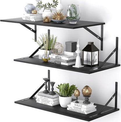 Deep Floating Shelves for Wall Set of 3, 24W x 12 Inch Deep Black Floating Shelves, Wide Floating Wall Mounted Shelves for Living Room, Kitchen, Office, Bedroom, Bathroom, Laundry Room