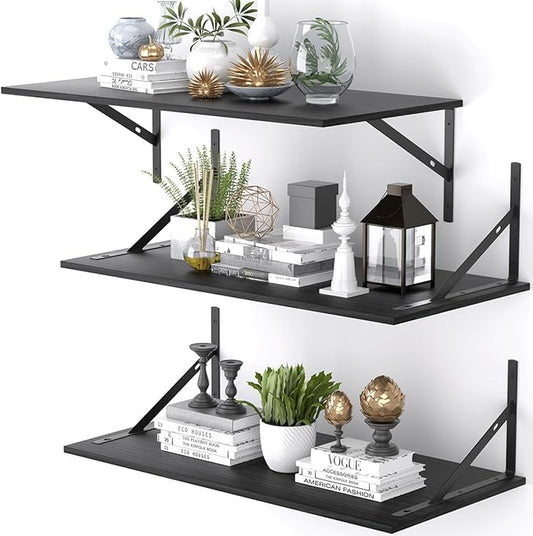 Deep Floating Shelves for Wall Set of 3, 24W x 12 Inch Deep Black Floating Shelves, Wide Floating Wall Mounted Shelves for Living Room, Kitchen, Office, Bedroom, Bathroom, Laundry Room