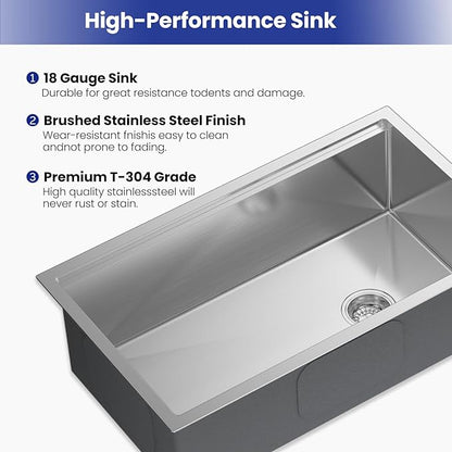 JOMOO 32‑Inch Brushed Stainless Steel Workstation Sink, 10″ Deep Single Bowl Undermount Kitchen Sink Set with Accessories