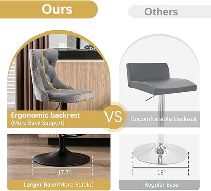 Clear Glass High Bar Table & 2 Adjustable Velvet Barstools Island Chairs, Round Farmhouse Bistro Pub Table Set of 3, Swivel Counter Height Chairs (Black Metal Legs, Clear Top + Grey Chair)