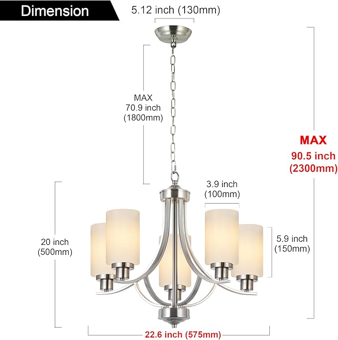 MELUCEE 5 Lights Chandeliers for Dining Room Traditional Chandelier Classic Pendant Light Brushed Nickel with Milky White Glass Shade, Mid Century Modern Chandelier for Kitchen Foyer Bedroom