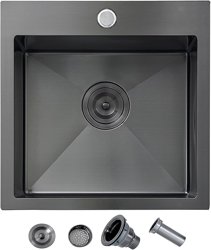 18x18 Inch Black Bar Sink Drop In, Gunmetal Black 16 Gauge Stainless Steel Small Prep Sink, Topmount Single Bowl 9 Deep RV Utility Kitchen Sinks with Drain