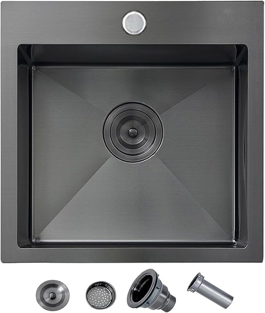 18x18 Inch Black Bar Sink Drop In, Gunmetal Black 16 Gauge Stainless Steel Small Prep Sink, Topmount Single Bowl 9 Deep RV Utility Kitchen Sinks with Drain