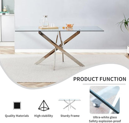 51-Inch Glass Dining Room Table for 4-6 People, Modern Rectangular Kitchen Dining Table with Silver Cross-Shape Stainless Steel Legs for Apartment Kitchen Dining Room