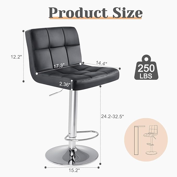 Sweetcrispy Bar Stools Set of 2, Armless PU Leather Adjustable Swivel Barstools, Hydraulic Kitchen Counter Height Thickened Seat Cushion Square Island Countertop Chairs with Back, Black