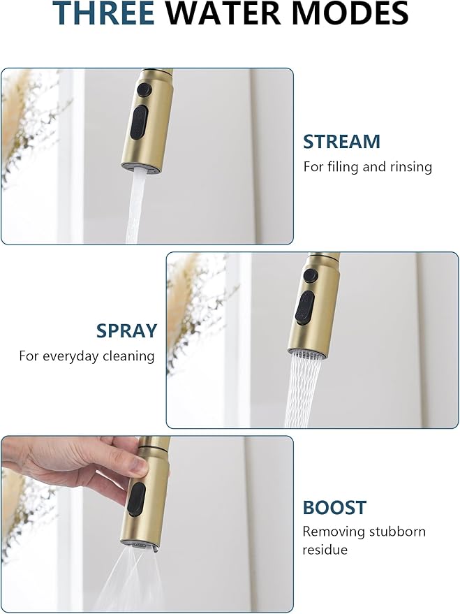 Lefton Touchless Pull-Out Kitchen Faucet, Hands Free Motion Sensor Activated, Battery-Free Temperature Display, KF2206 (Contemporary, Brushed Gold)