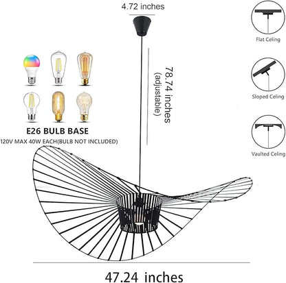 Modern Black Woven Chandelier, 47.2 inch Farmhouse Coastal Hat Pendant Light Fixtures Matte Black Handwoven Shade Boho Pendant Hanging Lamp for Dining Room Kitchen Bedroom Foyer Hallway living room