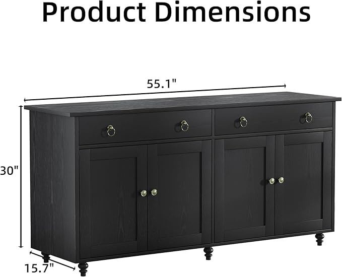 4 EVER WINNER Black Coffee Bar Cabinet, 55" Large Buffet Cabinet with Storage & Adjustable Shelves, Farmhouse Sideboard Buffet Cabinet with 2 Drawers and 4 Doors for Kitchen, Dining Room, Living Room