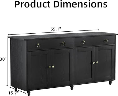 4 EVER WINNER Black Coffee Bar Cabinet, 55" Large Buffet Cabinet with Storage & Adjustable Shelves, Farmhouse Sideboard Buffet Cabinet with 2 Drawers and 4 Doors for Kitchen, Dining Room, Living Room