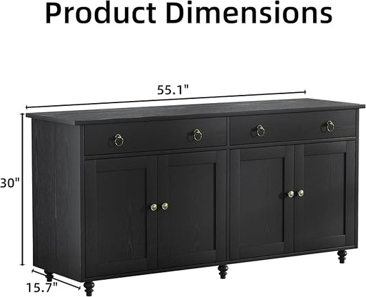 4 EVER WINNER Black Coffee Bar Cabinet, 55" Large Buffet Cabinet with Storage & Adjustable Shelves, Farmhouse Sideboard Buffet Cabinet with 2 Drawers and 4 Doors for Kitchen, Dining Room, Living Room