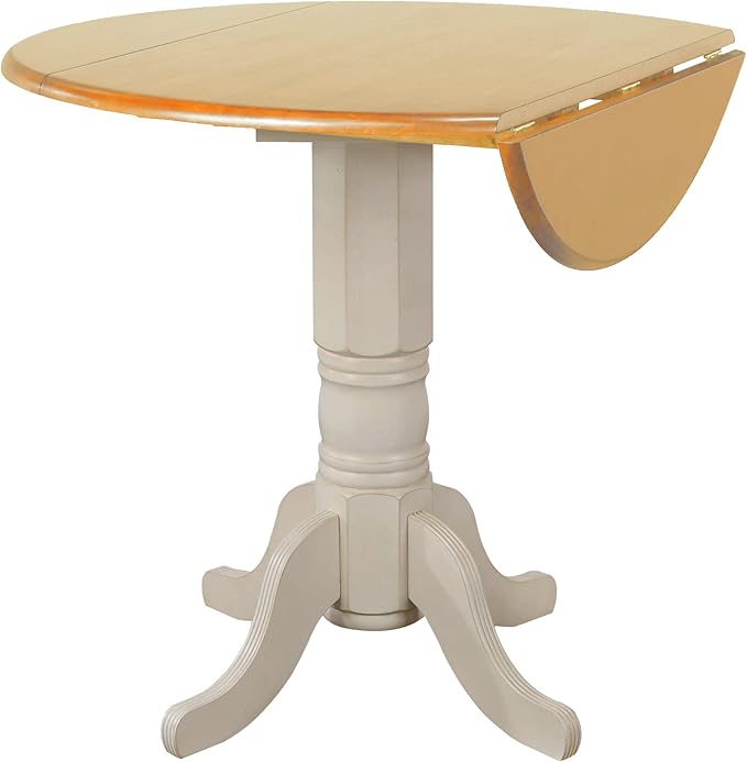Sunset Trading Oakley Selections 42" Round Extendable Drop Leaf Counter Height Pub Table | Antique White/Light Oak Solid Wood | Seats 4 | Dining Room Kitchen Furniture