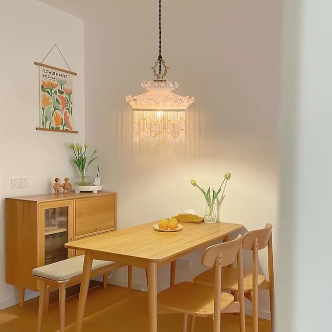 Brass Vintage Glass Pendant Light Cream Style Glass Tassel Chandelier,Adjustable Height Pendant Lights for Dining Room Kitchen Island Bedroom Hallway