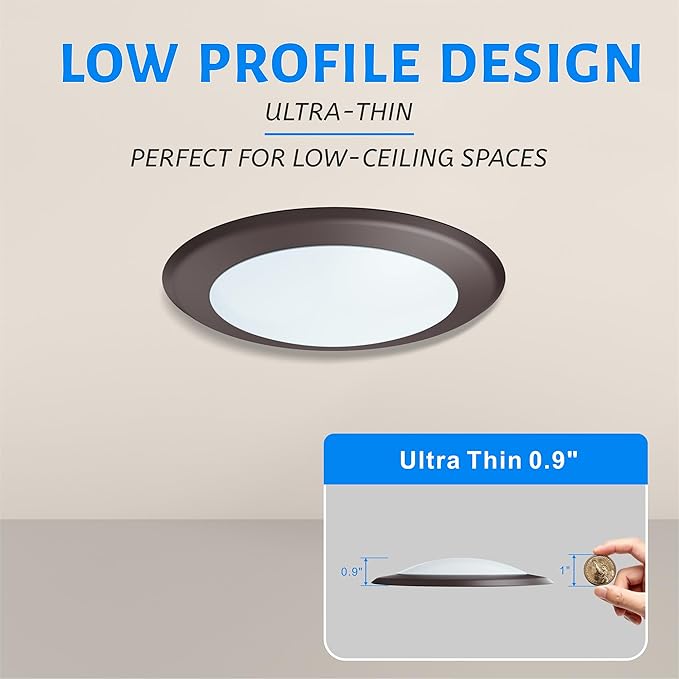 ECOELER 5/6" LED Flush Mount Ceiling Light, Dimmable Recessed Can Lights, 16.5W 5000K Daylight 1000Lm, Low Profile Ceiling Downlight Installs into J-Box or Recessed Can, ETL & FCC Listed, Bronze