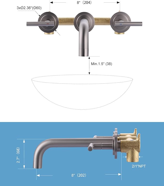 Brushed Nickel Bathroom Faucet,WOWOW 2 Handle Wall Mount Bathroom Faucet, Vessel Sink Faucet Wall Mount and Brass Rough-in Valve Included