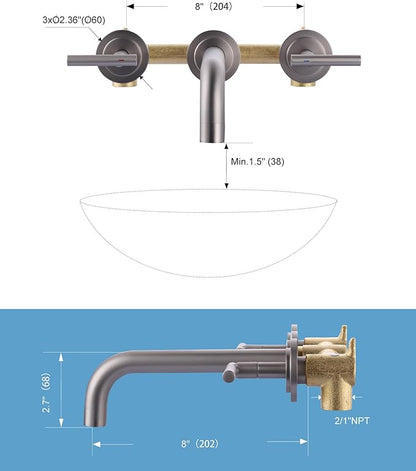 Brushed Nickel Bathroom Faucet,WOWOW 2 Handle Wall Mount Bathroom Faucet, Vessel Sink Faucet Wall Mount and Brass Rough-in Valve Included