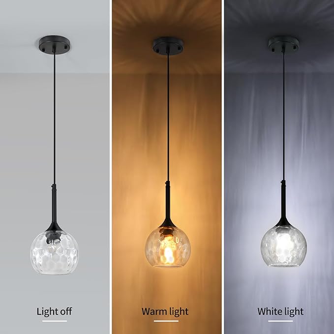 JHLBYL Glass Pendant Lights Kitchen Island: 5.91'' 1-Light Hammered Glass Pendant Light with Black Finish - Modern Minimalist Hanging Light Fixture for Kitchen Sink Dining Room - E26 Base