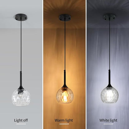 JHLBYL Glass Pendant Lights Kitchen Island: 5.91'' 1-Light Hammered Glass Pendant Light with Black Finish - Modern Minimalist Hanging Light Fixture for Kitchen Sink Dining Room - E26 Base