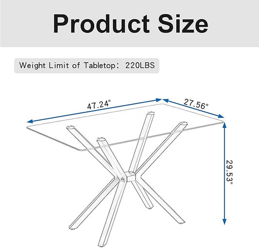 47.24" Rectangular Glass Dining Table, Tempered Glass Small Kitchen Table with Metal Tubular Legs, Stylish and Sturdy Clear Dinner Table for Home and Outdoor