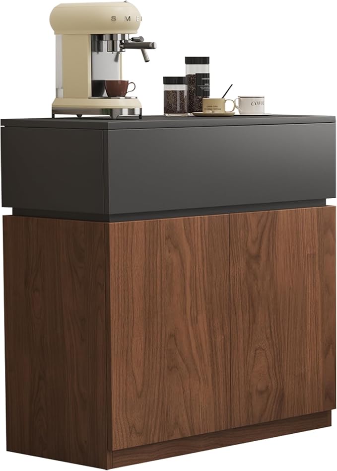 31.5"Buffet Cabinet with Drawers & Door, Modular Stackable Sideboard Coffee Bar Cabinet with Adjustable Shelves, Matte Gray Walnut Storage Accent Credenza for Living/Dining Room Kitchen Hallway