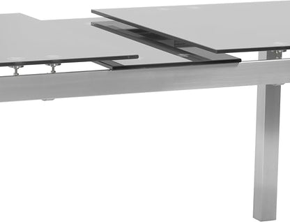 Armen Living Ivan Extendable Dining Table with Tempered Glass Top and Brushed Stainless Steel Finish, Gray, Dining Height