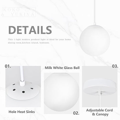KoKo&Yukina 6 Inch Globe Pendant Light White Globe Pendant Lights Kitchen Island Mid Century Light Fixture with Milky White Glass Shade for Dining Room (2 Pack)