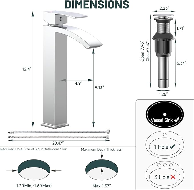 Chrome Vessel Sink Faucet, Greenspring Waterfall Bathroom Faucets, Tall Spout Single Handle Single Hole Bathroom Faucets with Pop Up Drain and Without Overflow Basin Faucet Supply Line