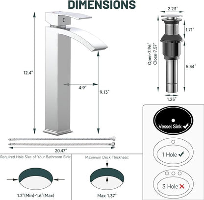Chrome Vessel Sink Faucet, Greenspring Waterfall Bathroom Faucets, Tall Spout Single Handle Single Hole Bathroom Faucets with Pop Up Drain and Without Overflow Basin Faucet Supply Line