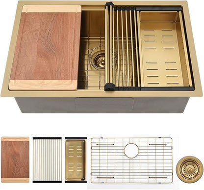 Gold Kitchen Sink Undermount-VASOYO 30x19 Undermount Kitchen Sink Workstation 16 Gauge Stainless Steel Gold Sinks Deep Single Bowl Under Mount Sinks with Cutting Board