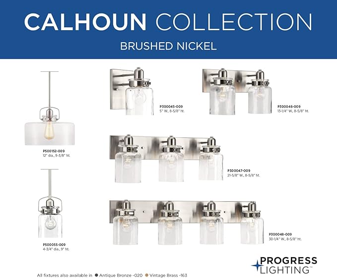 Progress Lighting P300048-009 Calhoun Collection Clear Glass Farmhouse Bath Vanity Light, 4-Light, Brushed Nickel