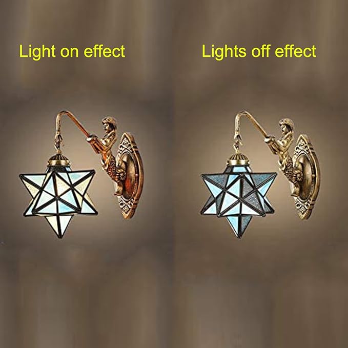 Moravian Star Wall Light with Tiffany Stained Glass Cover, Vintage Rustic Industrial Wall Sconce Retro Wall Mount Lamps Fixture 1-Light,Sky Blue