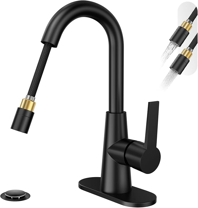 Phiestina High Arc Bathroom Sink Faucet with Pull Down Sprayer, Tall Matte Black Single Handle Pull Out Faucet with Pop-Up Drain, 1 or 3 Hole Laundry Bar Basin Faucet with Deck Plate WE10CL-ZY-MB