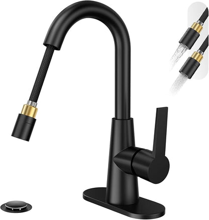 Phiestina High Arc Bathroom Sink Faucet with Pull Down Sprayer, Tall Matte Black Single Handle Pull Out Faucet with Pop-Up Drain, 1 or 3 Hole Laundry Bar Basin Faucet with Deck Plate WE10CL-ZY-MB
