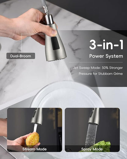 APPASO Kitchen Faucets with Pull Down Sprayer 3-Mode, 360° Swivel, 20-Inch Hose, Single Handle High Arc SUS 304 Stainless Steel Brushed Nickel Faucet with Deck Plate for 1-3 Hole Sink