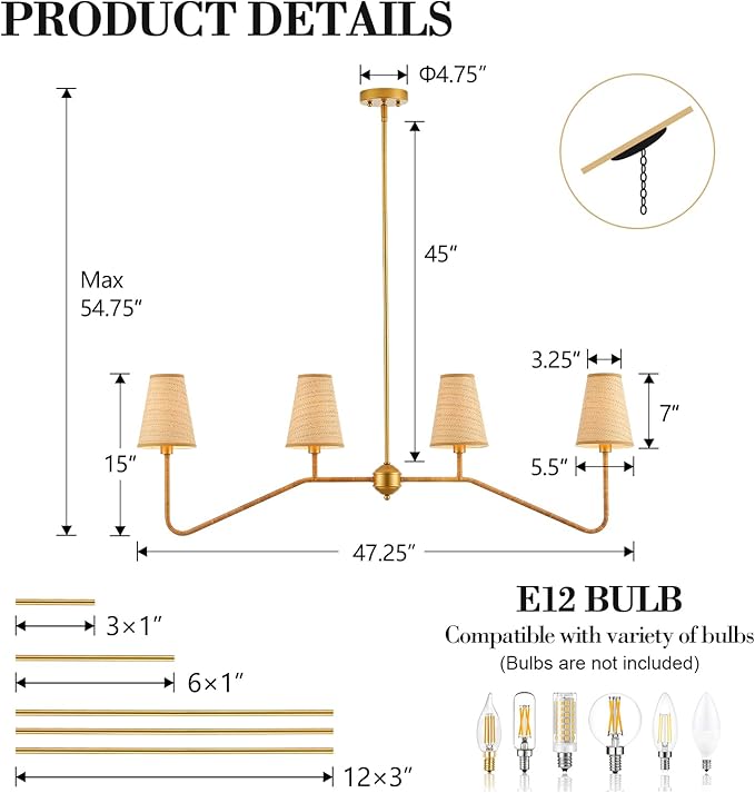 VILUXY 4-Light Linear Kitchen Island Lighting Fixture 47’’ Dining Room Chandelier with Hand Woven Rattan Shade Linear Pendant Light Fixture Gold, UL Listed