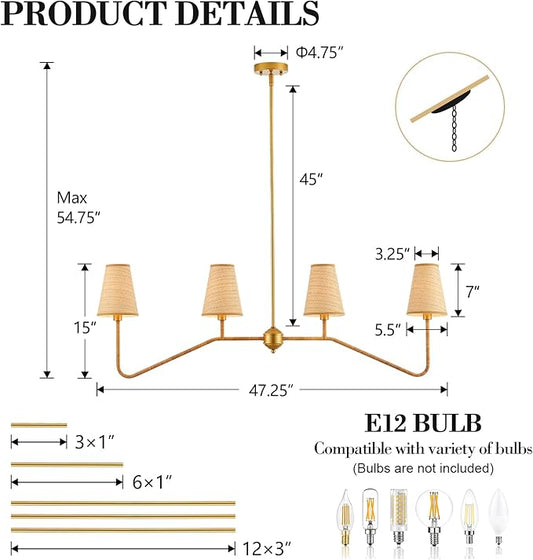VILUXY 4-Light Linear Kitchen Island Lighting Fixture 47’’ Dining Room Chandelier with Hand Woven Rattan Shade Linear Pendant Light Fixture Gold, UL Listed