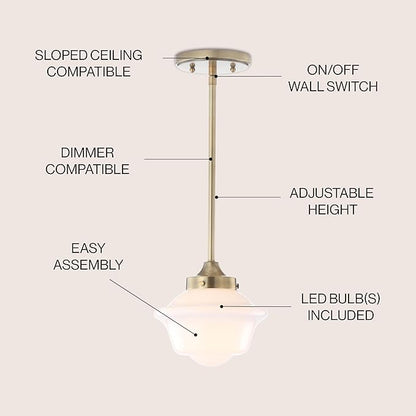 JONATHAN Y 7.2" Brass Gold Modern Schoolhouse LED Pendant Light Fixture, Adjustable Drop Metal Hanging Lamp with White Glass Shade for Kitchen Island, Dining Room, Foyer JYL3516A