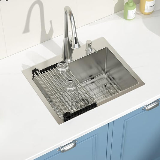 Drop in Bar Sink 20x16 Inch 16 Gauge Stainless Steel Handmade Topmount Kitchen Sink Single Bowl -8 Inches Deep