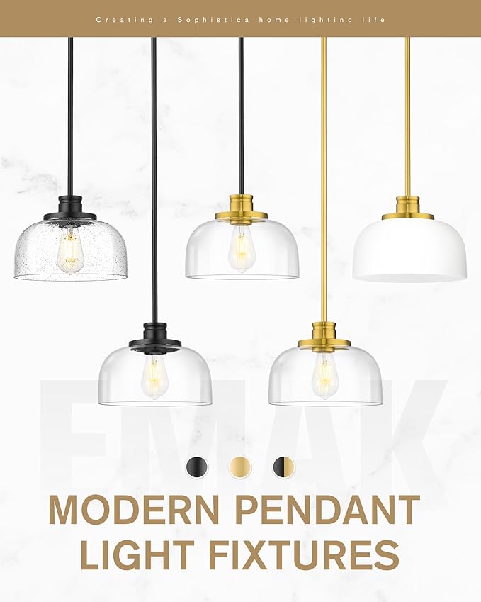 Emak 2 Pack Glass Pendant Light, Modern Farmhouse Black Pendant Lights Kitchen Island, 10 Inch Hanging Light Fixture for Kitchen Island, Dining Room, Bathroom, Bar, PL131-BK-CG-2PK